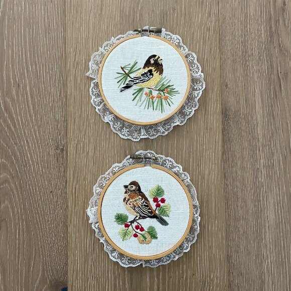 Handmade Birds Embroidery Hoop Art Wall Hanging Lace Needlepoint Sparrow Finch - Picture 1 of 13